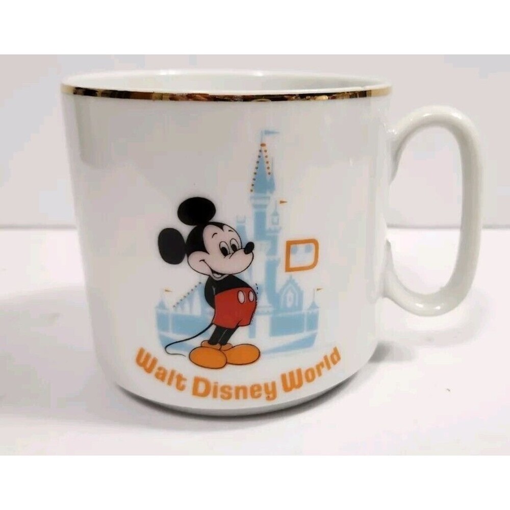 Walt Disney World Mickey Mouse Coffee Cup Mug Castle Gold Rim 70s Vtg Japan